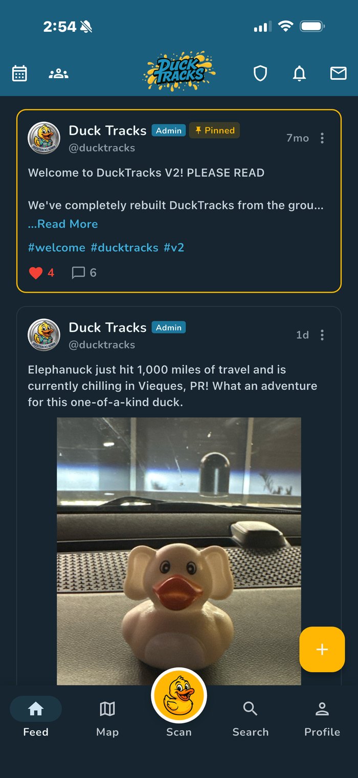 The DuckTracks home feed with a pinned welcome post and a duck milestone post