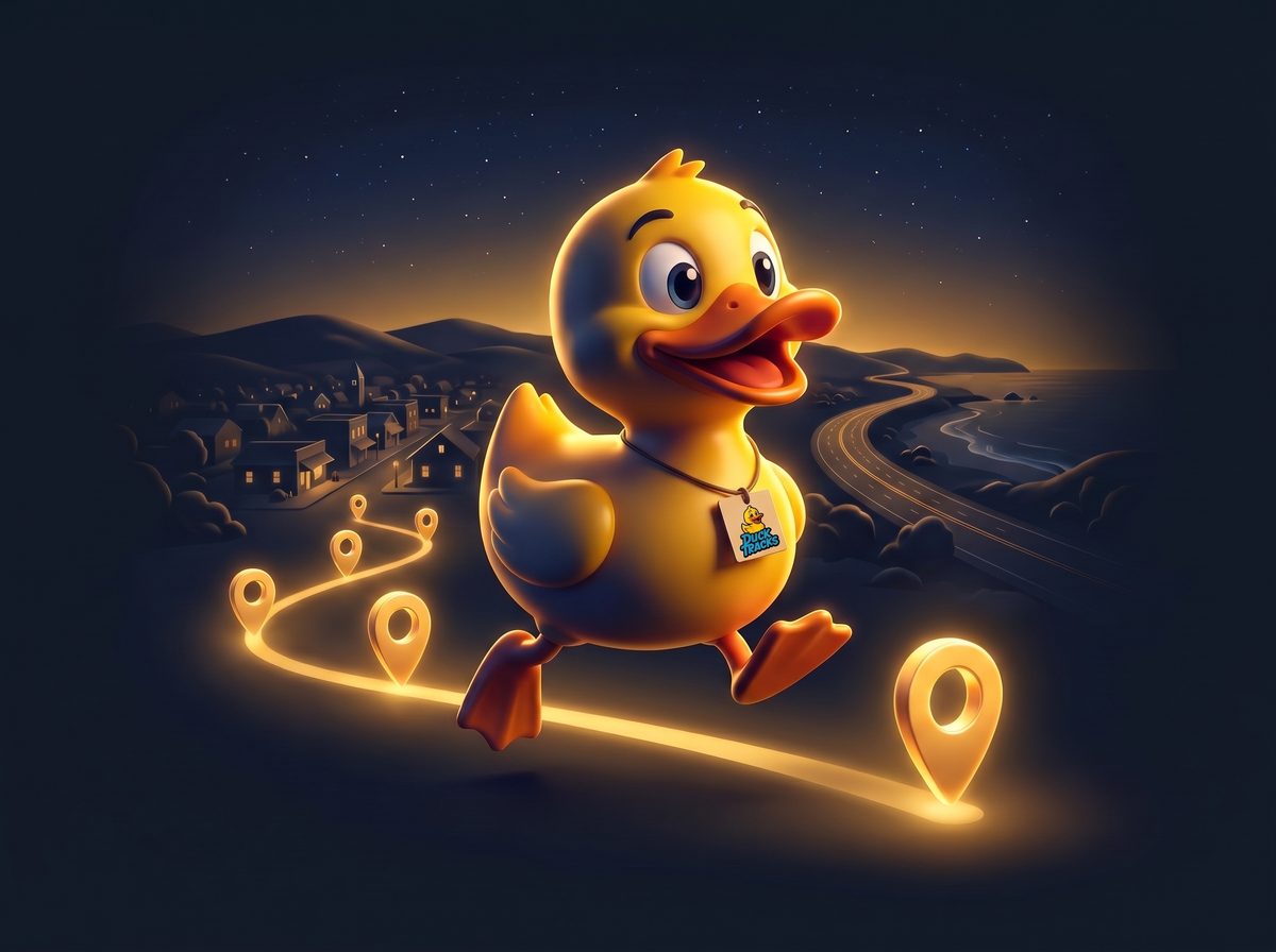 The DuckTracks duck hopping along a trail of glowing map pins