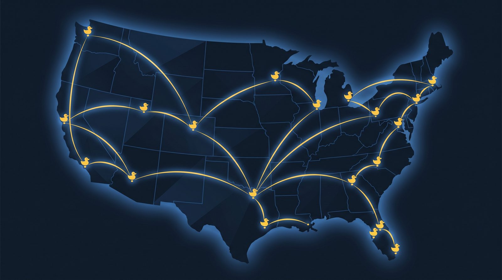 Dark map of the United States with glowing duck routes