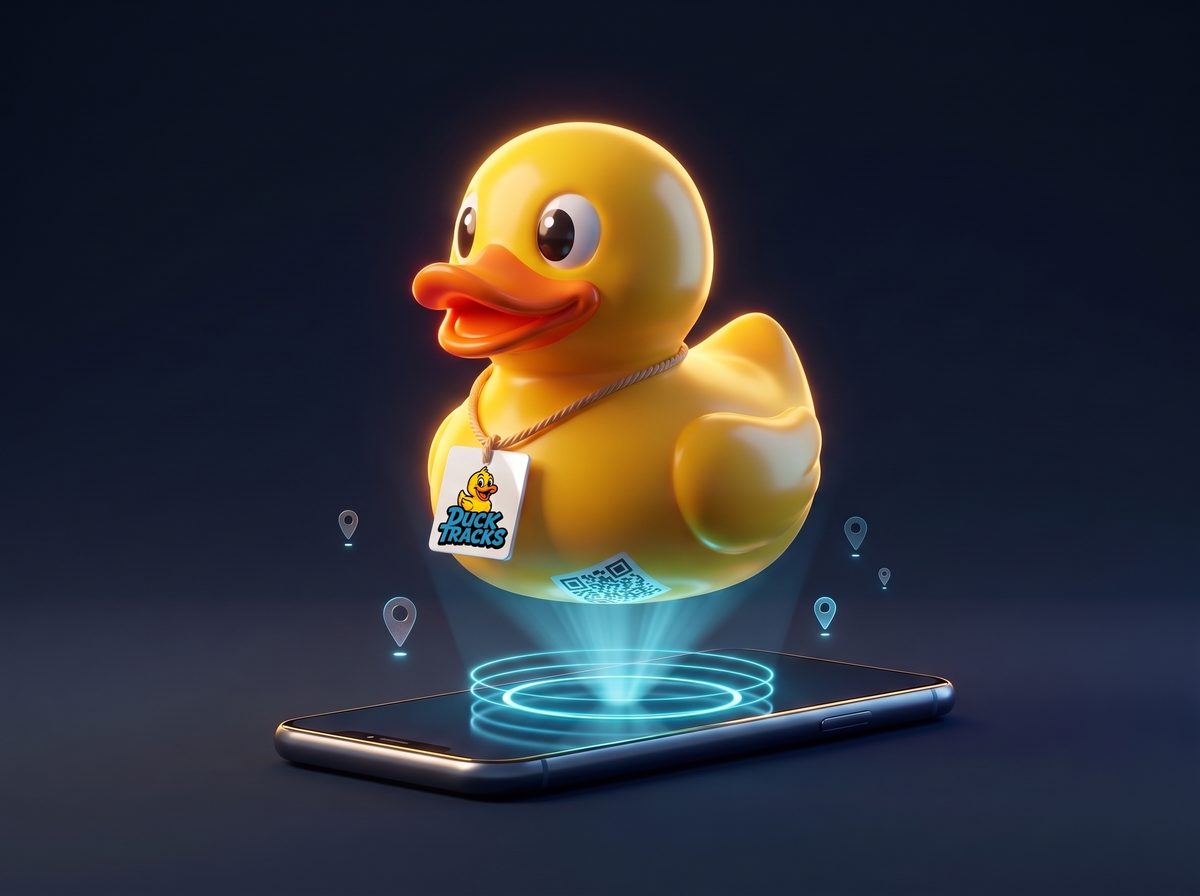 The DuckTracks duck above a phone scanning its tag