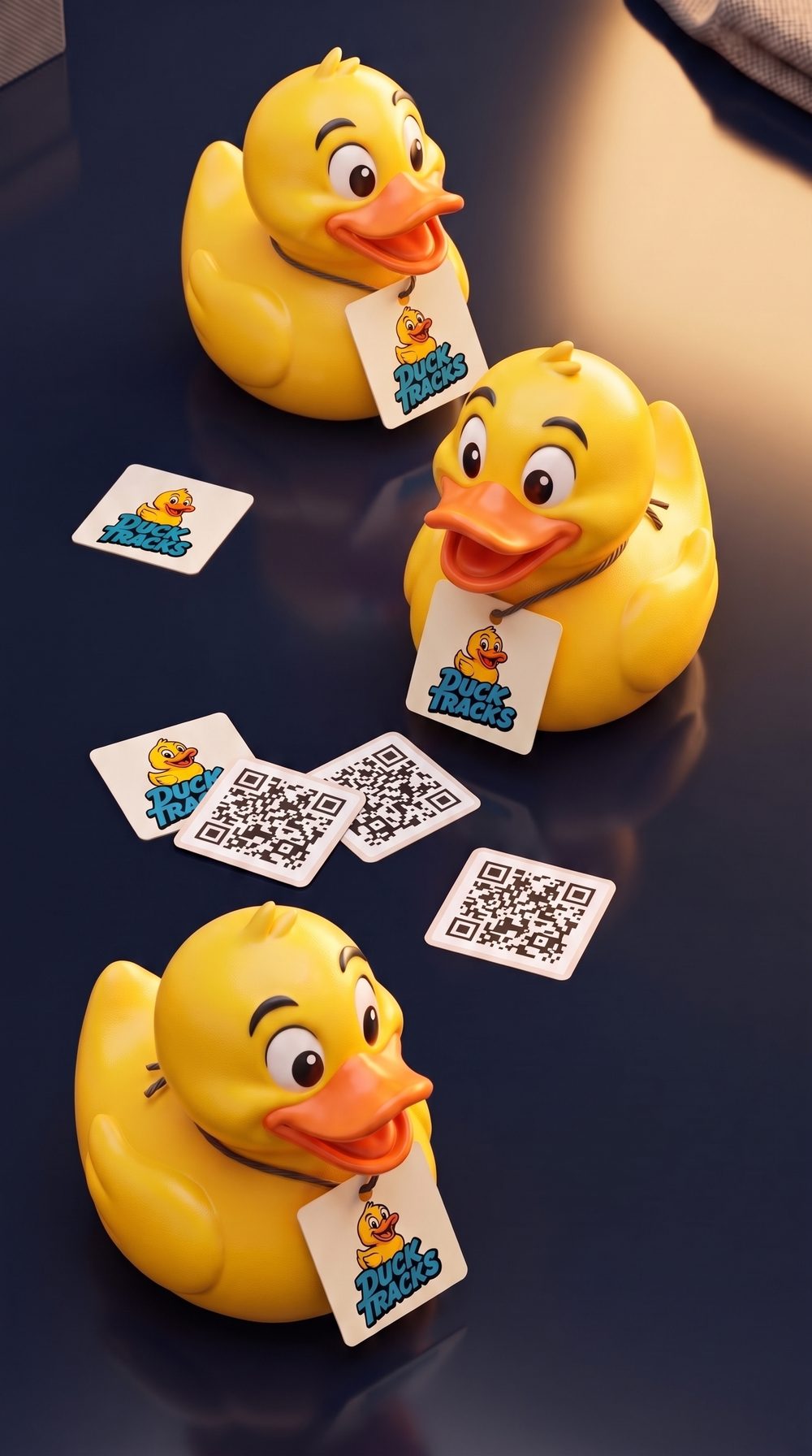 Three DuckTracks ducks wearing logo tags, with QR stickers