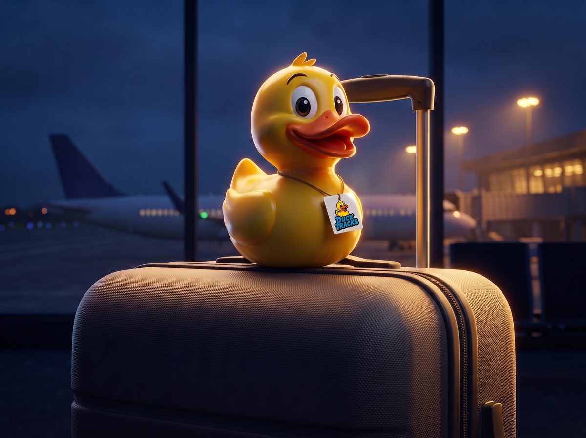 A DuckTracks duck sitting on a suitcase at an airport gate