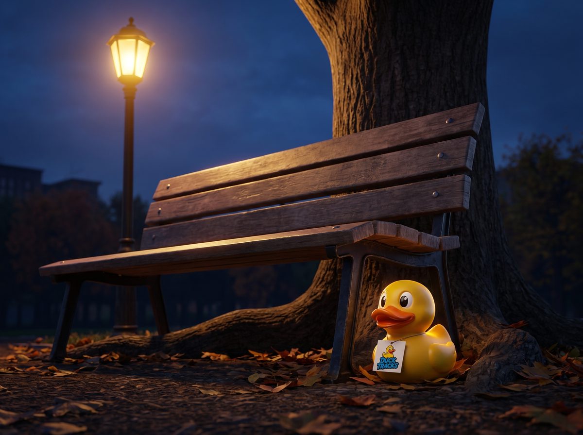A DuckTracks duck tucked under a park bench at dusk