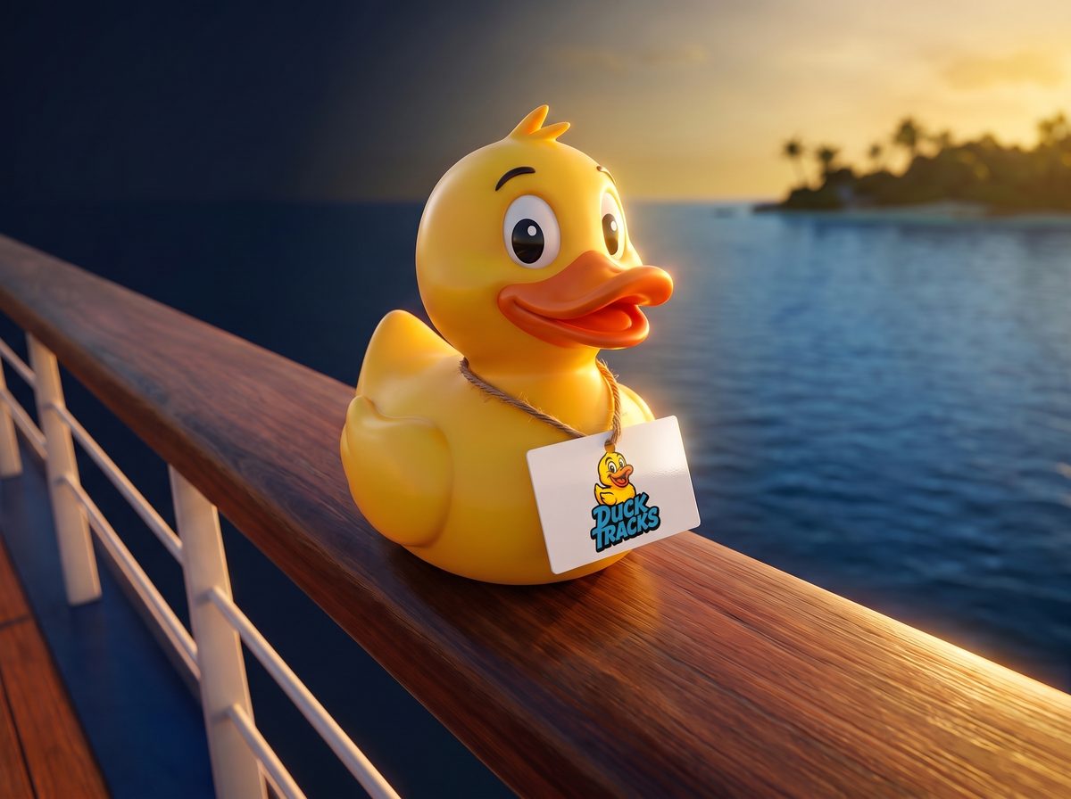 A DuckTracks duck on a cruise ship railing at sunset