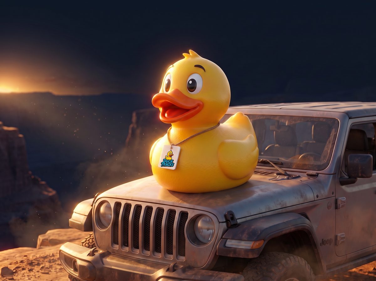 The DuckTracks duck on the hood of a Jeep at a canyon overlook